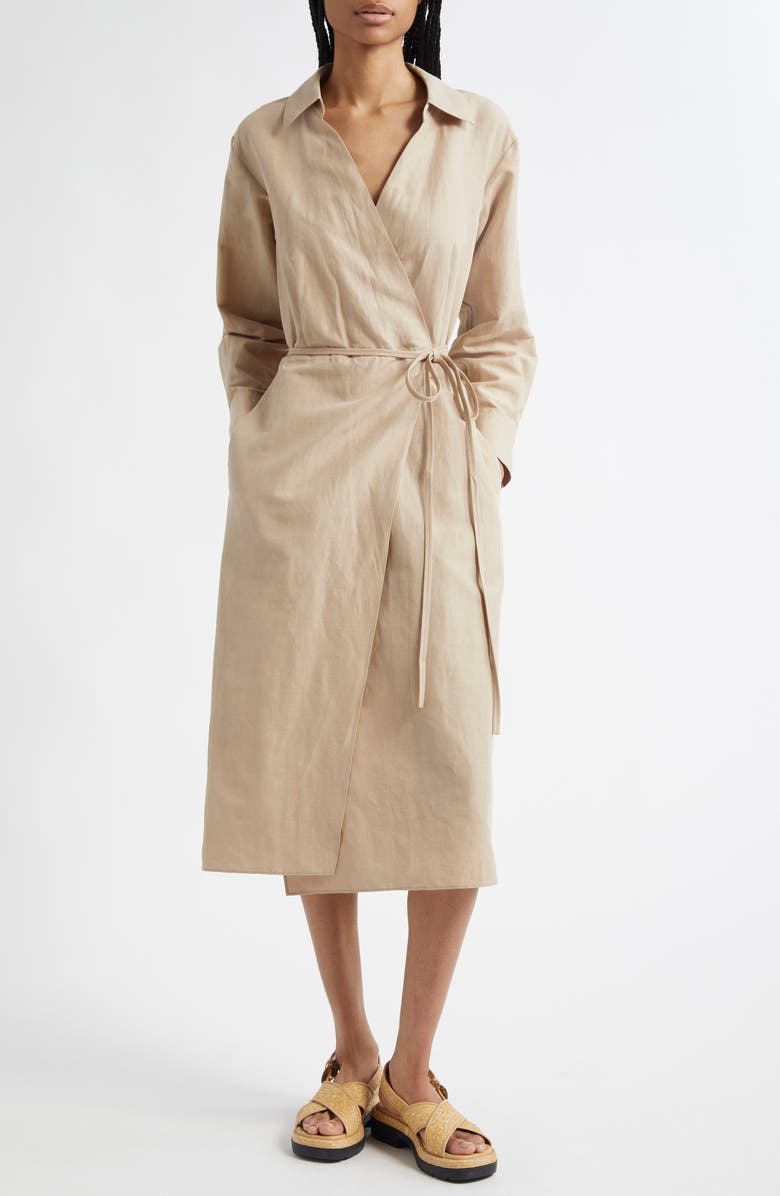 Vince Long Sleeve Wrap Shirtdress, Main, color, Light Sandbar