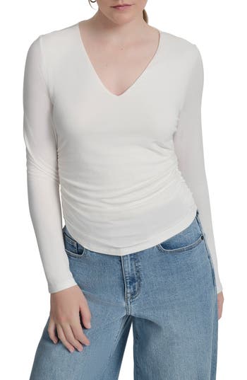 Dkny Jeans Deep V-neck Long Sleeve Ruched Top In White