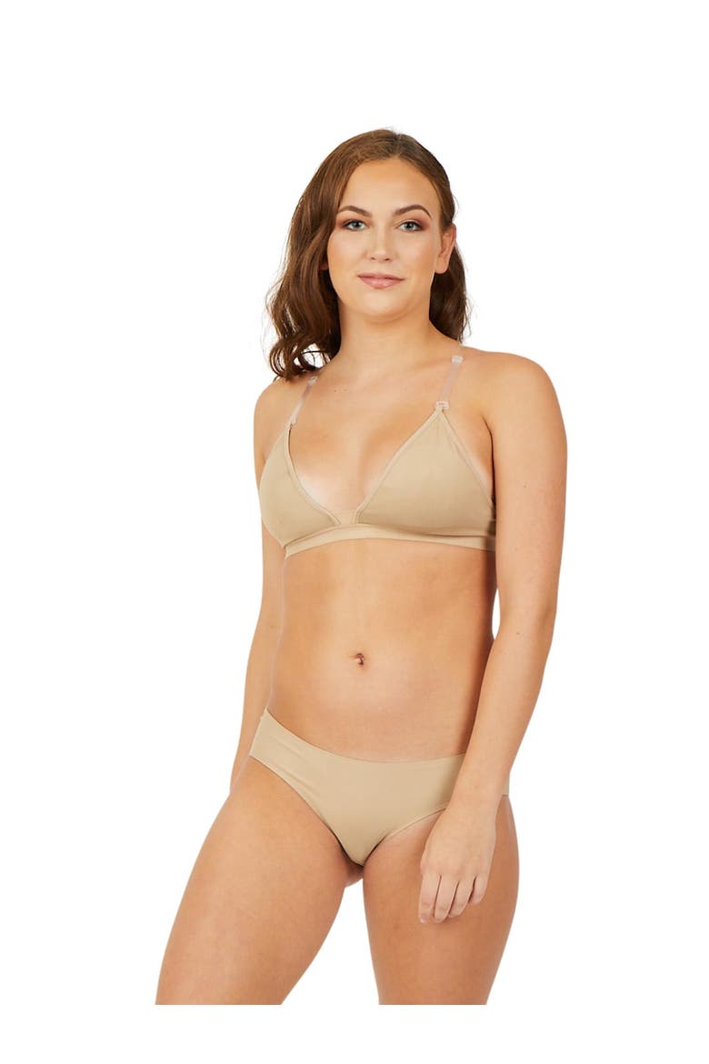 Deep Neck Clear Back Bra, Main, color, dark beige