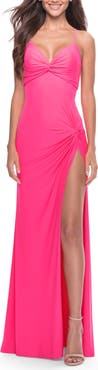 La Femme Soft Jersey Dress with Knot Detail on Bust and Hip