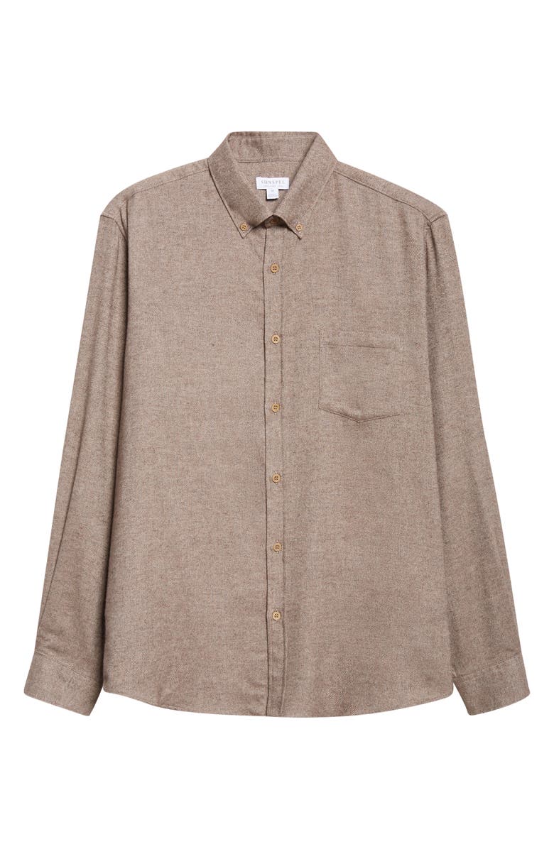 Sunspel Brushed Cotton Flannel Button-Down Shirt, Alternate, color, Light Brown Melange