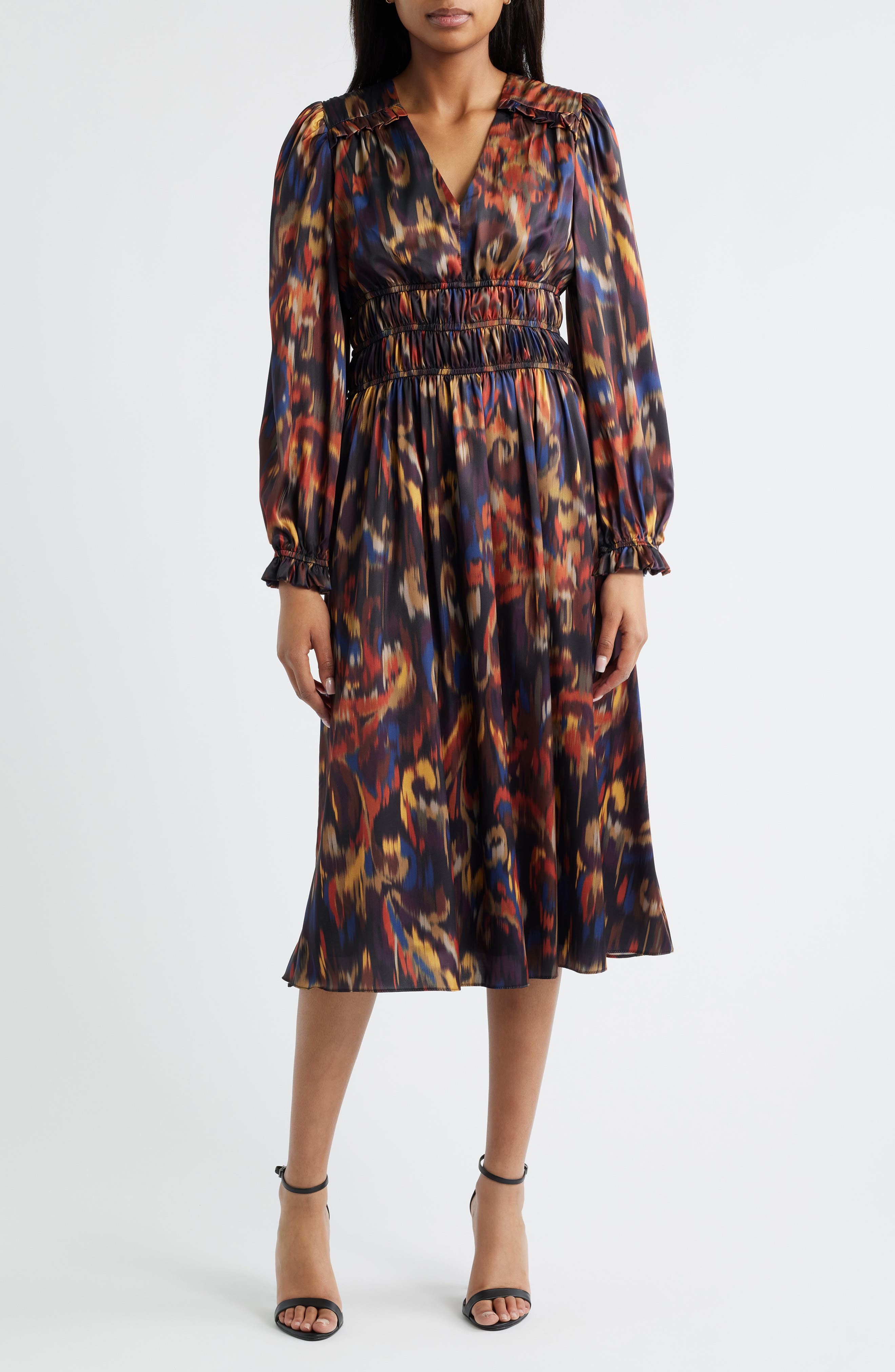 Julia Jordan Ikat Long Sleeve Stretch Satin Midi Dress