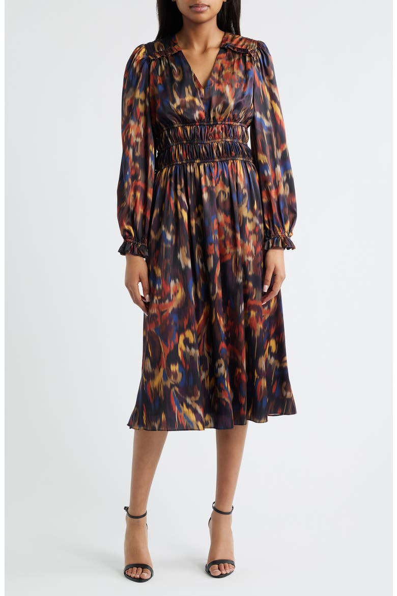 Ikat Long Sleeve Stretch Satin Midi Dress, Main, color, ORANGE MULTI