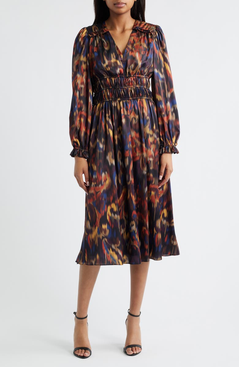 Julia Jordan Ikat Long Sleeve Stretch Satin Midi Dress, Main, color, Orange Multi