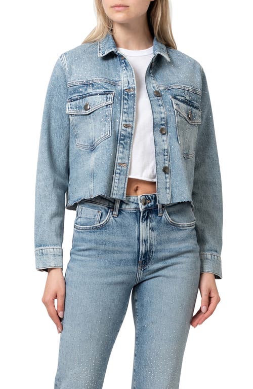 Mavi Jeans Thalia Shiny Crystal Embellished Raw Hem Denim Trucket Jacket In Shiny Mid Denim
