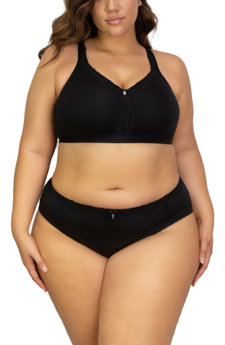 Curvy Couture Lace Trim Wireless Bra, Alternate, color, Black On Black