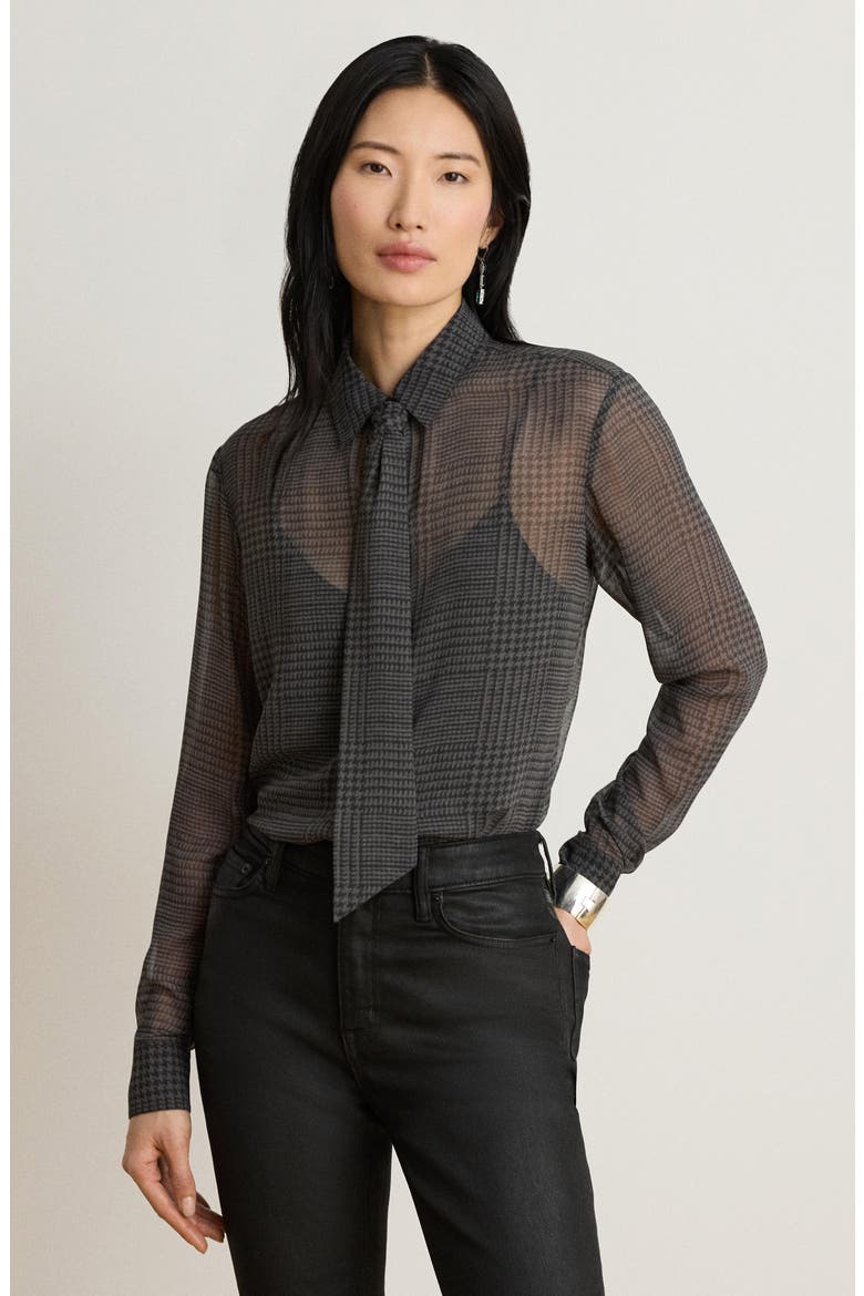 Tie Neck Glen Plaid Chiffon Shirt, Alternate, color, GREY