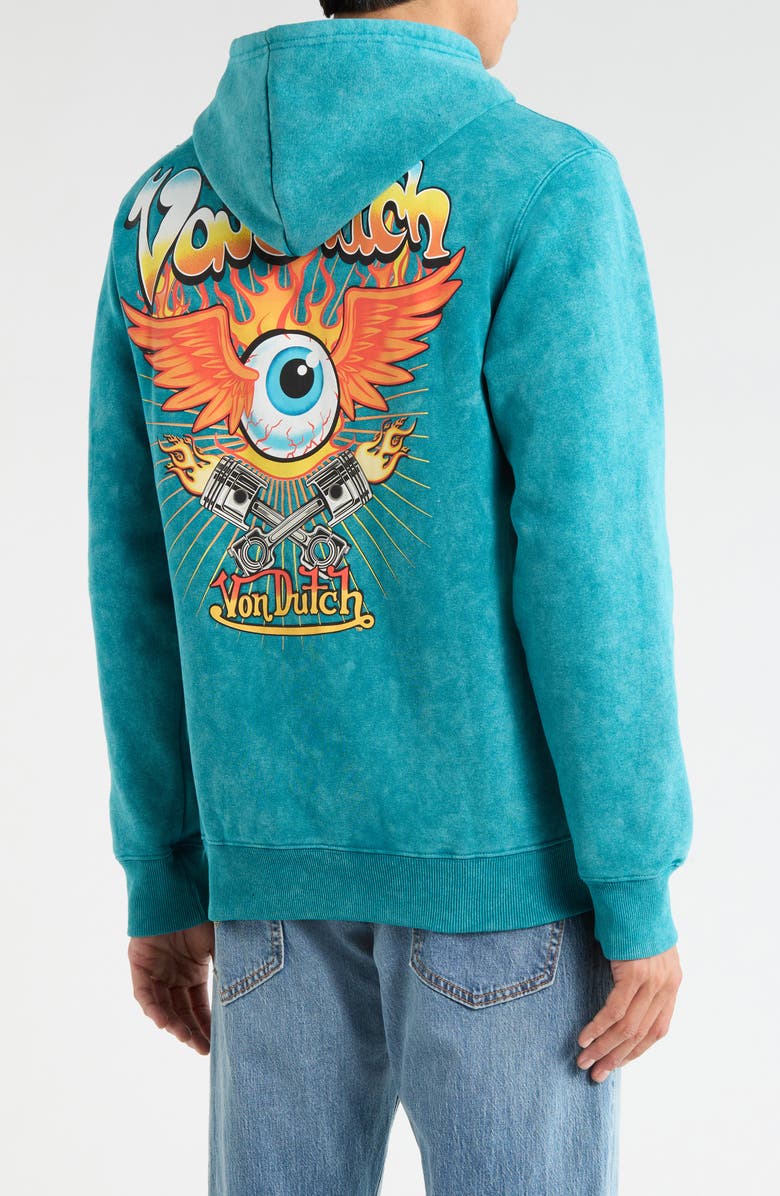 Von Dutch Embroidered Fleece Graphic Hoodie, Alternate, color, Ocean Depth Mineral Wash