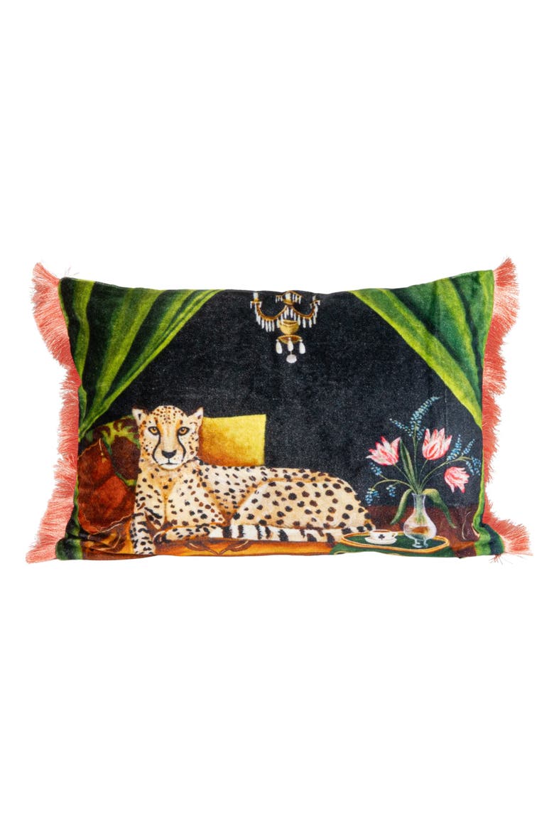 Cotton Blend Velvet Printed Lumbar Pillow with Cheetah Image and Eyelash Fringe, Multi Color, Main, color, Green