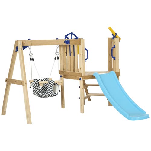 Outsunny Wooden Outdoor Playset with Swing, Slide & Telescope in Natural Wood 
