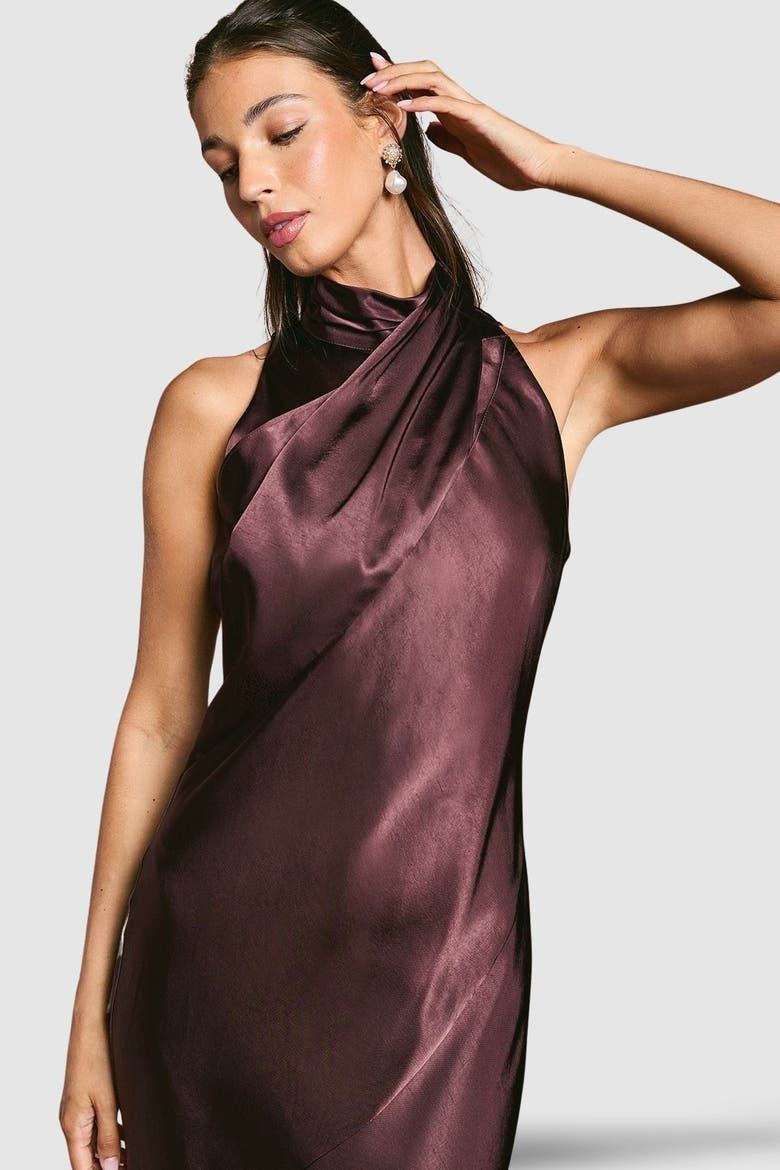 Satin High Neck Fishtail Maxi Dress, Alternate, color, Espresso