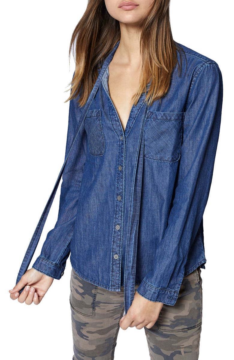 Sanctuary Tie Neck Chambray Shirt, Main, color, 