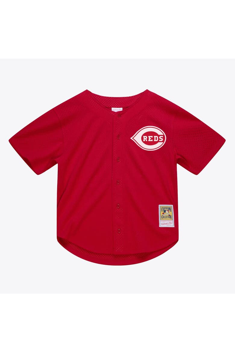 Men's Mitchell & Ness Deion Sanders Red Cincinnati Reds Cooperstown Mesh Batting Practice Button-Up Jersey, Main, color, Red