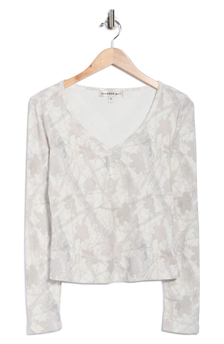Madden Girl Camo Print Long Sleeve Waffle Knit Crop Henley, Alternate, color, Whisper White Combo