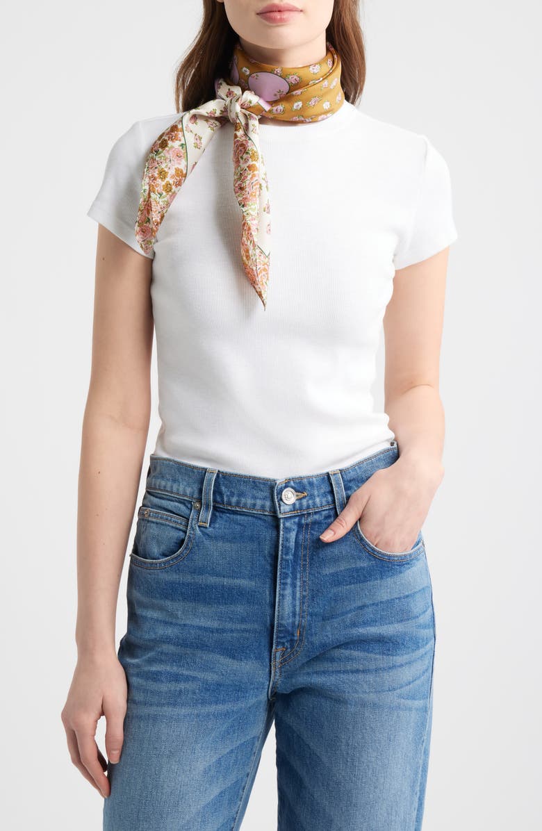 COACH Tea Rose Multi Floral Print Silk Square Scarf, Alternate, color, Honey Brown