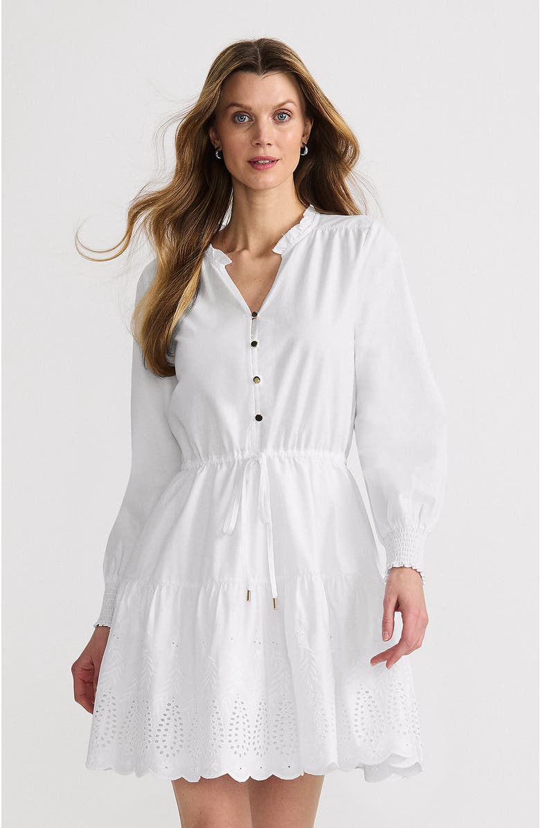 Lands' End Long Sleeve Eyelet Mini Popover Dress, Main, color, White Eyelet