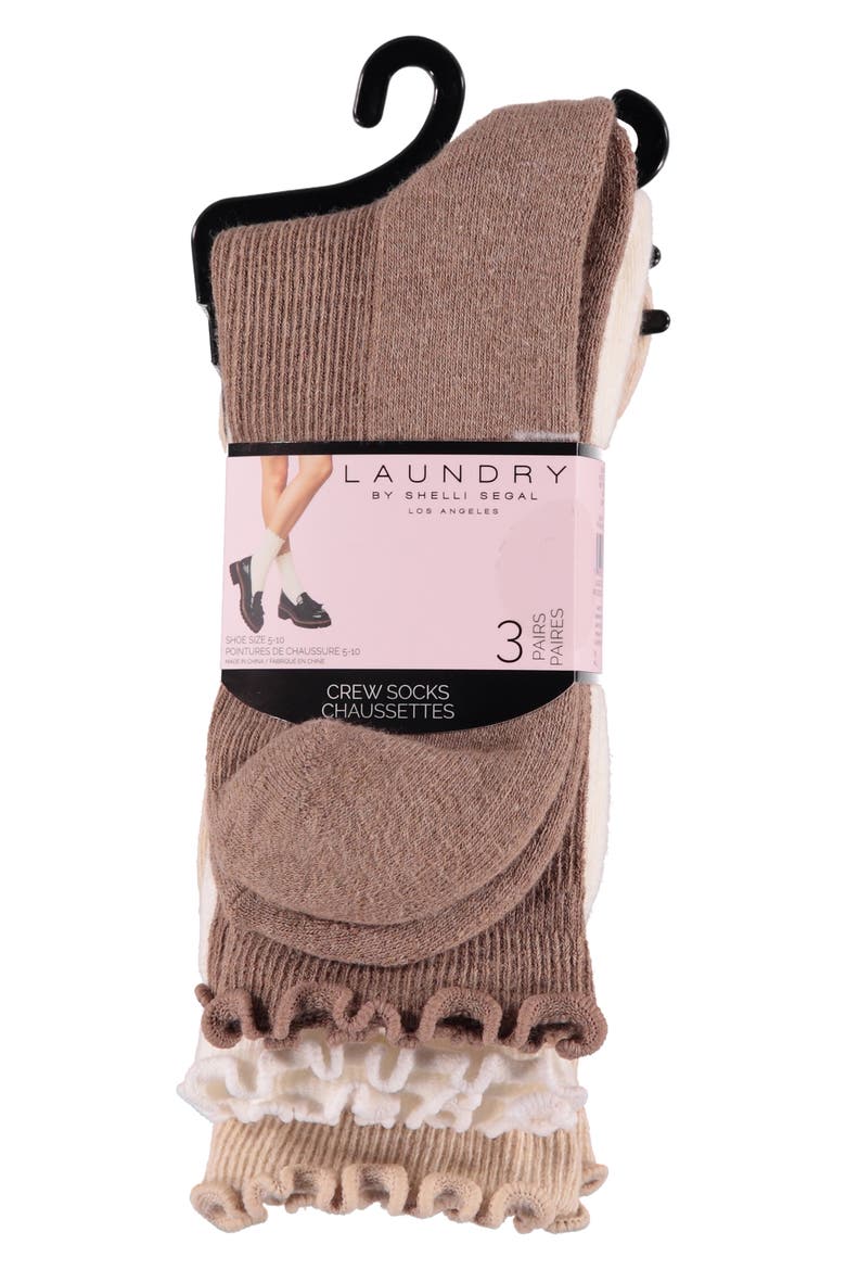 3-Pack Lettuce Edge Cushion Crew Socks, Alternate, color, OATMEAL HEATHER/ BONE/ BROWN