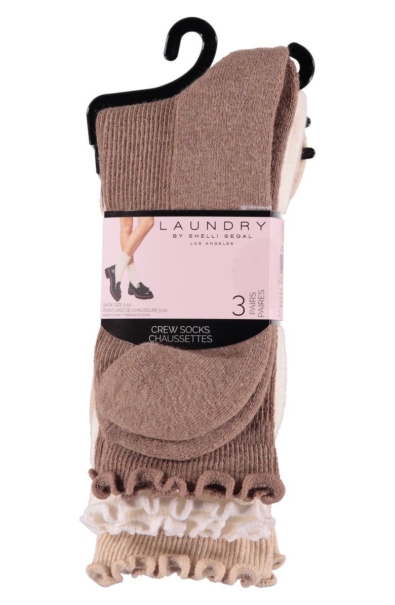 Laundry by Shelli Segal 3-Pack Lettuce Edge Cushion Crew Socks, Alternate, color, Oatmeal Heather/ Bone/ Brown