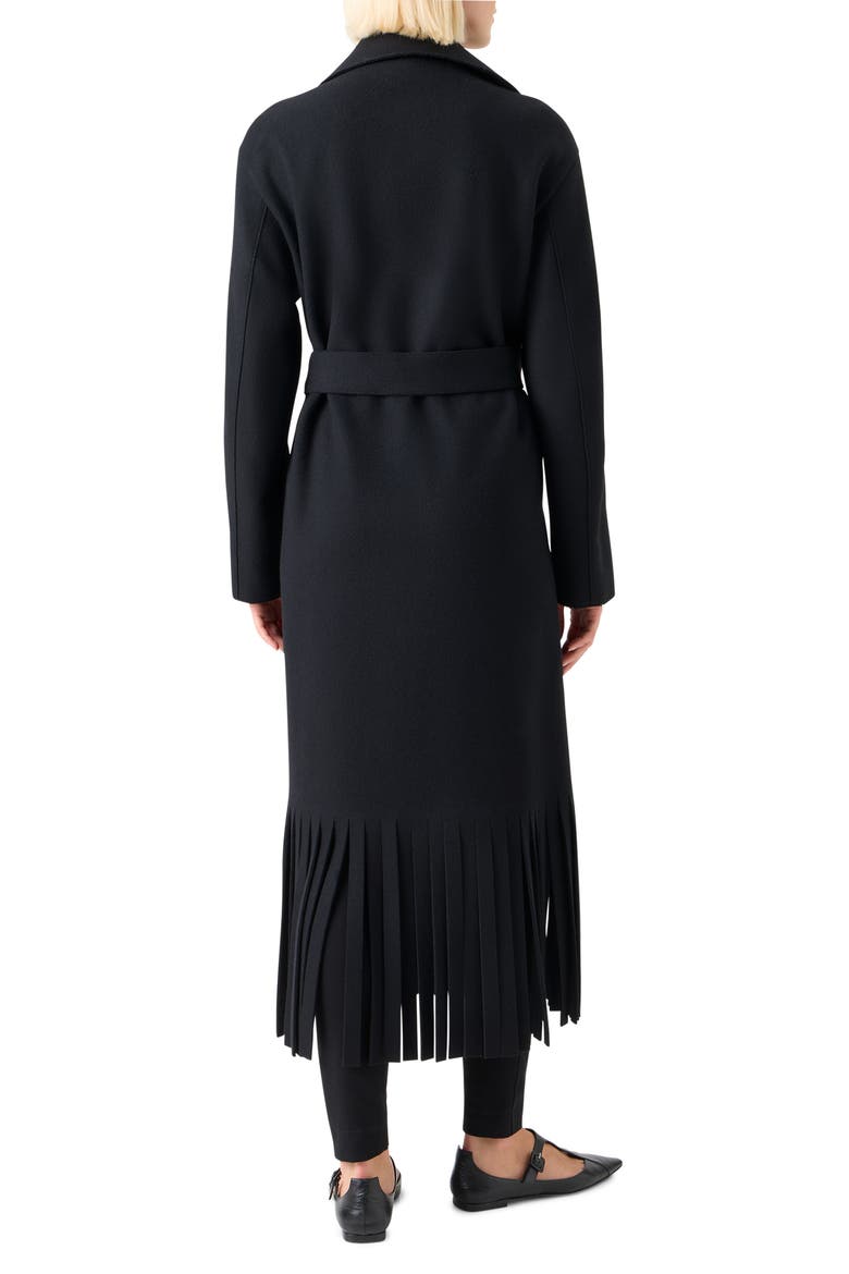 Fringe Hem Wool Blend Belted Coat, Alternate, color, BLACK
