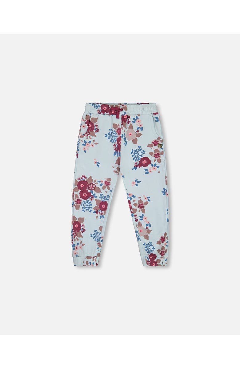 Deux par Deux Girl's Fleece Sweatpants Light Blue Printed Big Flowers, Main, color, 