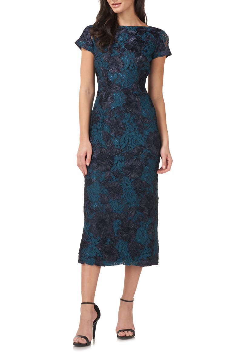 Floral Soutache Lace Sheath Dress, Main, color, NAVY TEAL