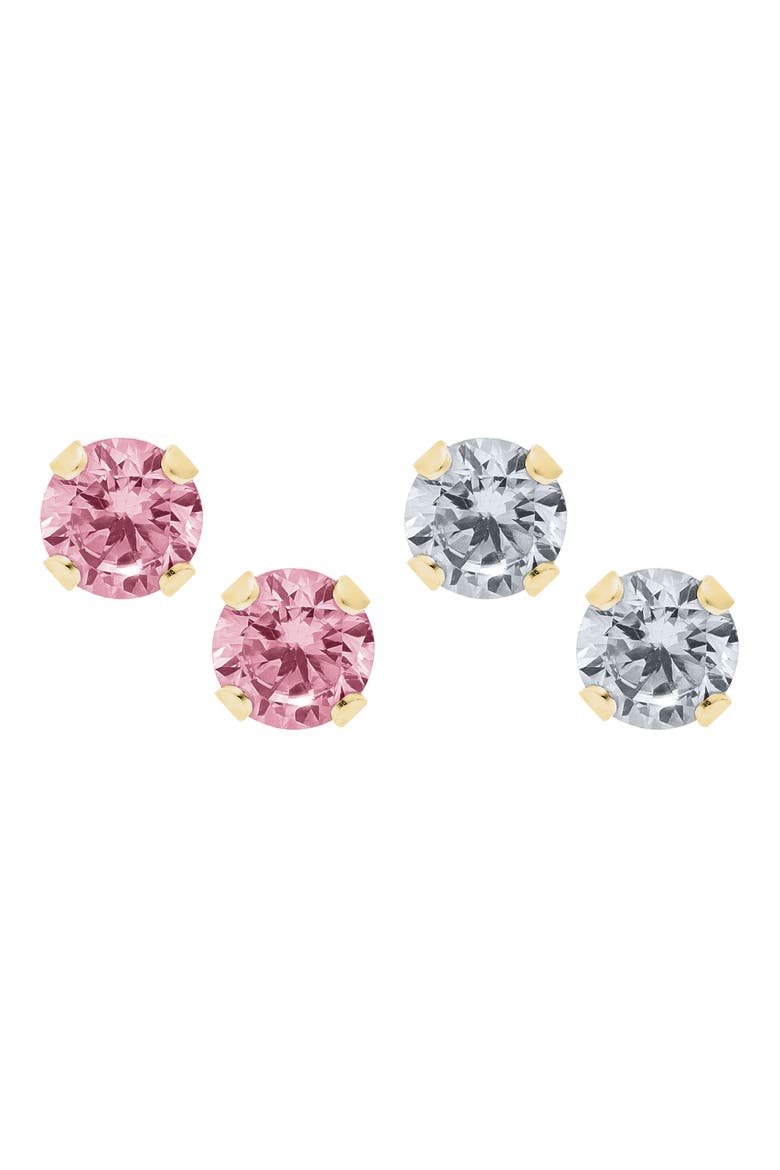 14k Gold & Cubic Zirconia 2-Pair Stud Earring Set, Main, color, PINK AND WHITE