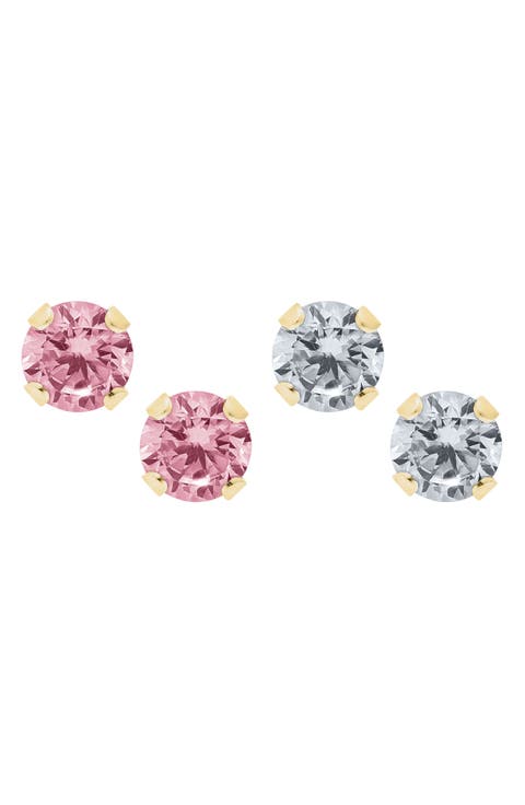 14k Gold & Cubic Zirconia 2-Pair Stud Earring Set (Baby)