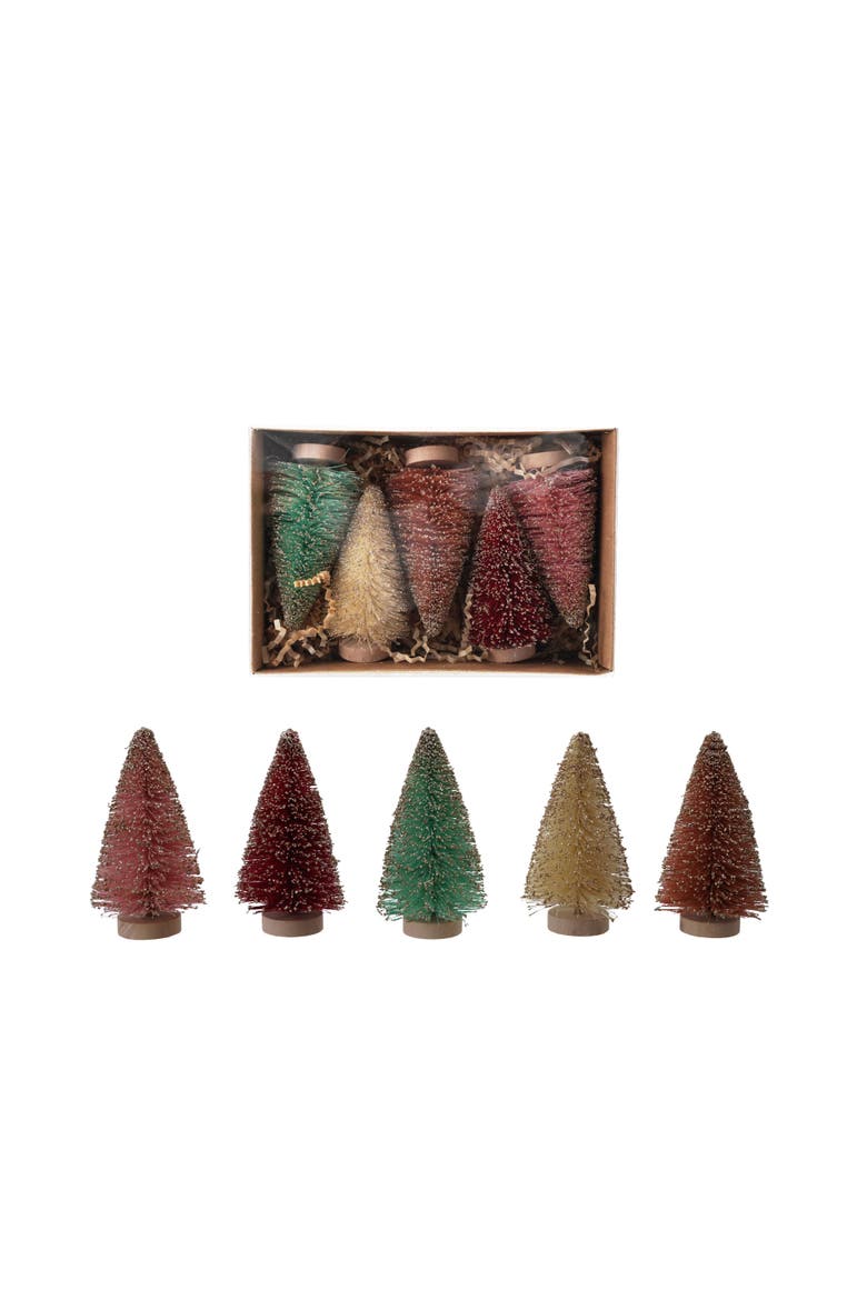5-Piece Sisal Bottle Brush Trees with Glitter and Wood Bases, Multicolor, Main, color, Multicolor