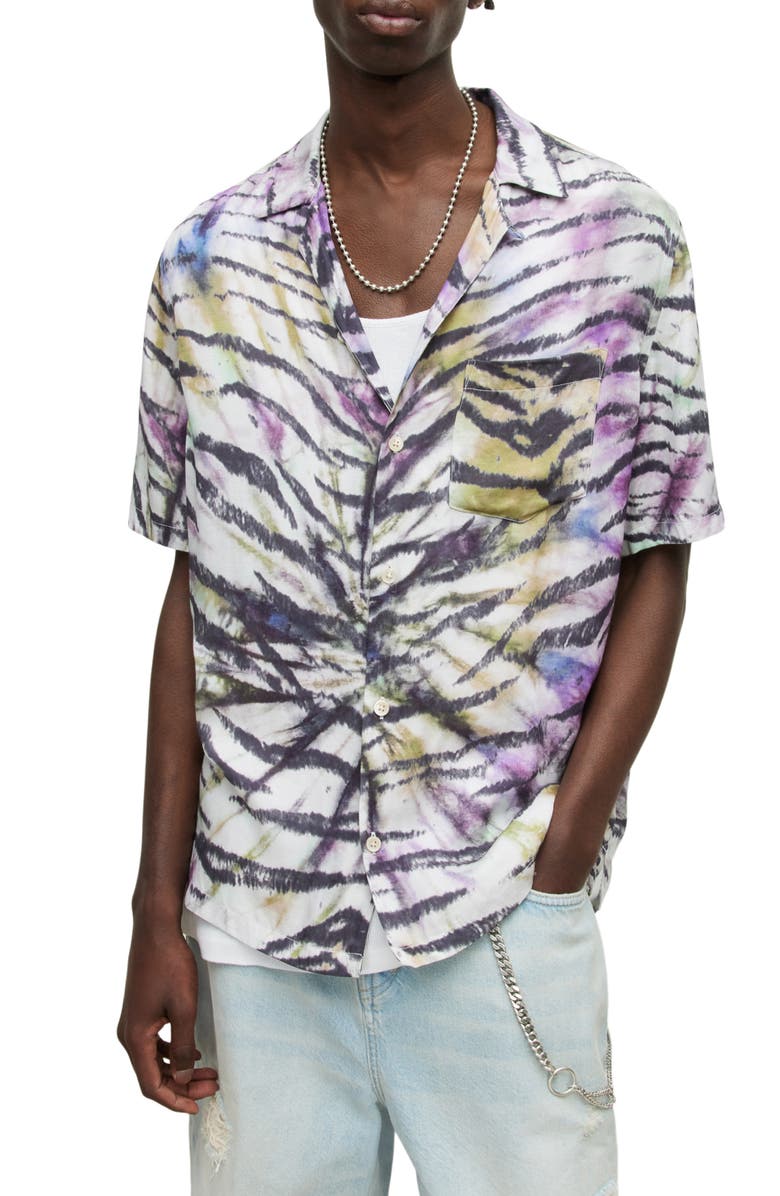 AllSaints Men's Kanha Relaxed Fit Tie Dye Animal Print Short Sleeve Button-Up Shirt, Main, color, 