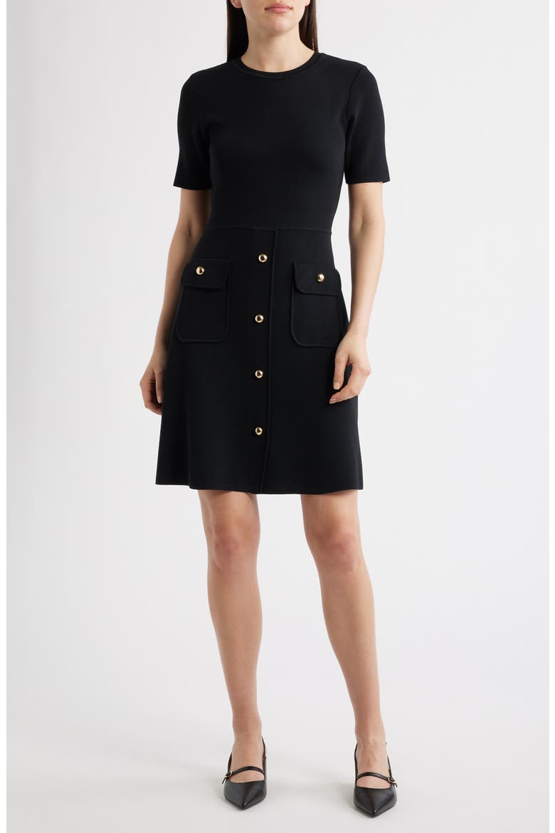 Patch Pocket A-Line Sweater Dress, Main, color, BLACK