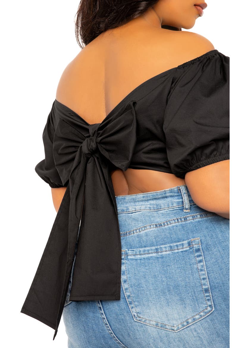 Off the Shoulder Bow Back Crop Top, Alternate, color, BLACK