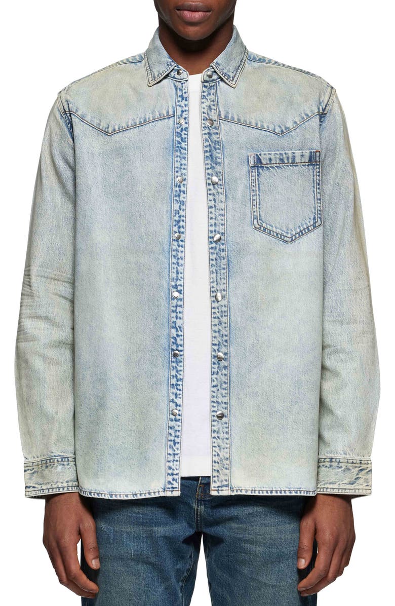 PURPLE BRAND Long Sleeve Coated Cotton Western Shirt, Main, color, Light Indigo