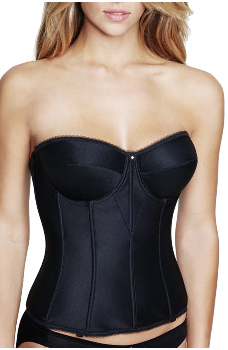 Dominique Intimates Juliette Satin Low Back Convertible Strapless Corset Longline Bra, Alternate, color, Black