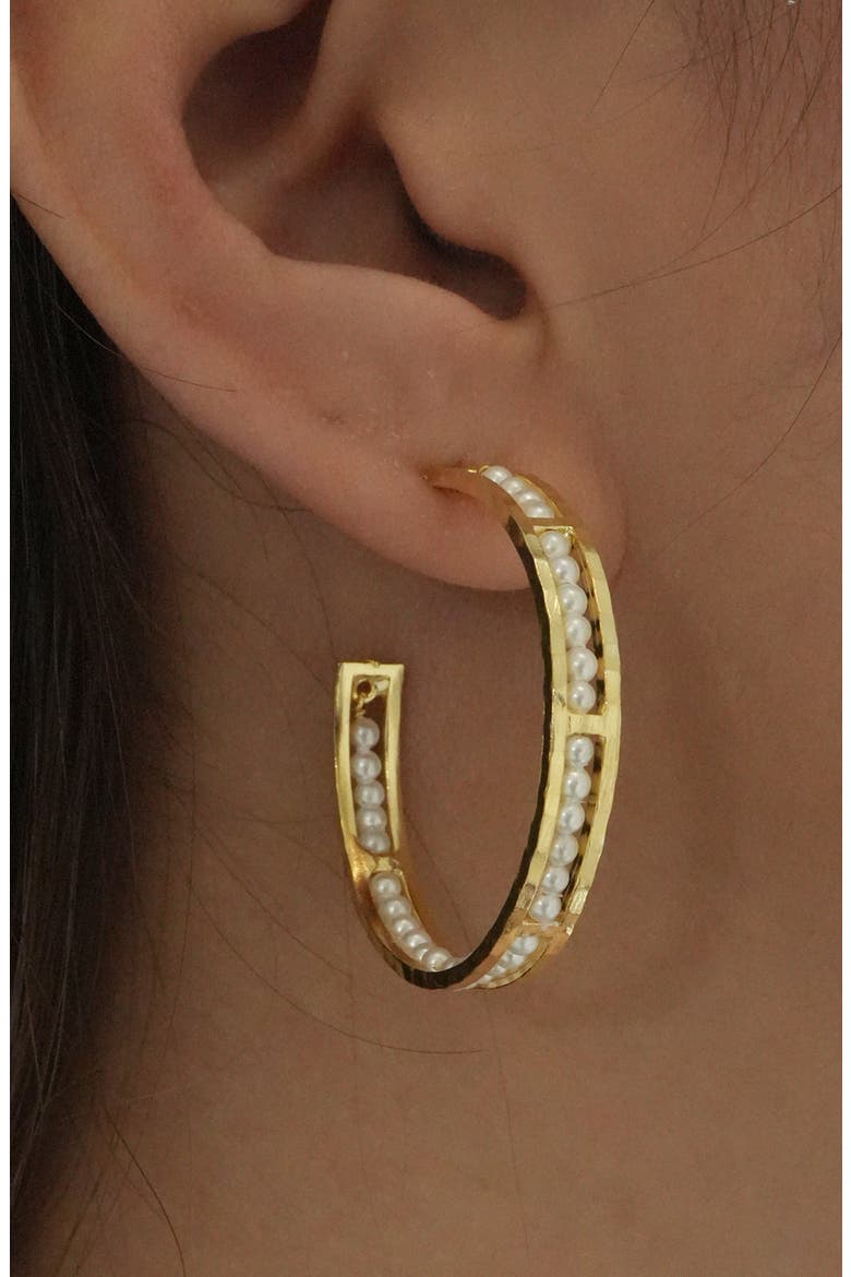 Imitation Pearl Molten Hoop Earrings, Alternate, color, GOLD