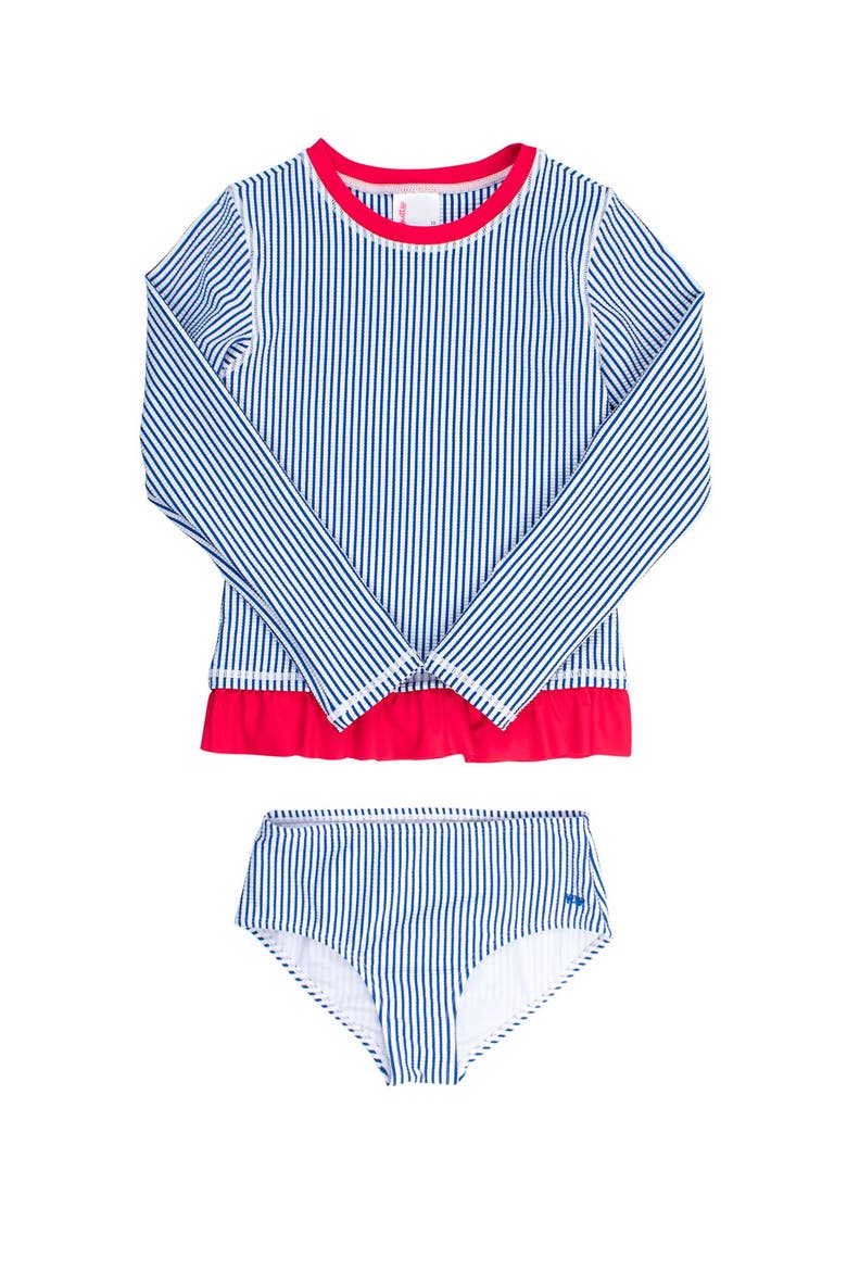 Long Sleeve Rash Guard 2-Piece Bikini Swimsuit, Main, color, Blue Seersucker