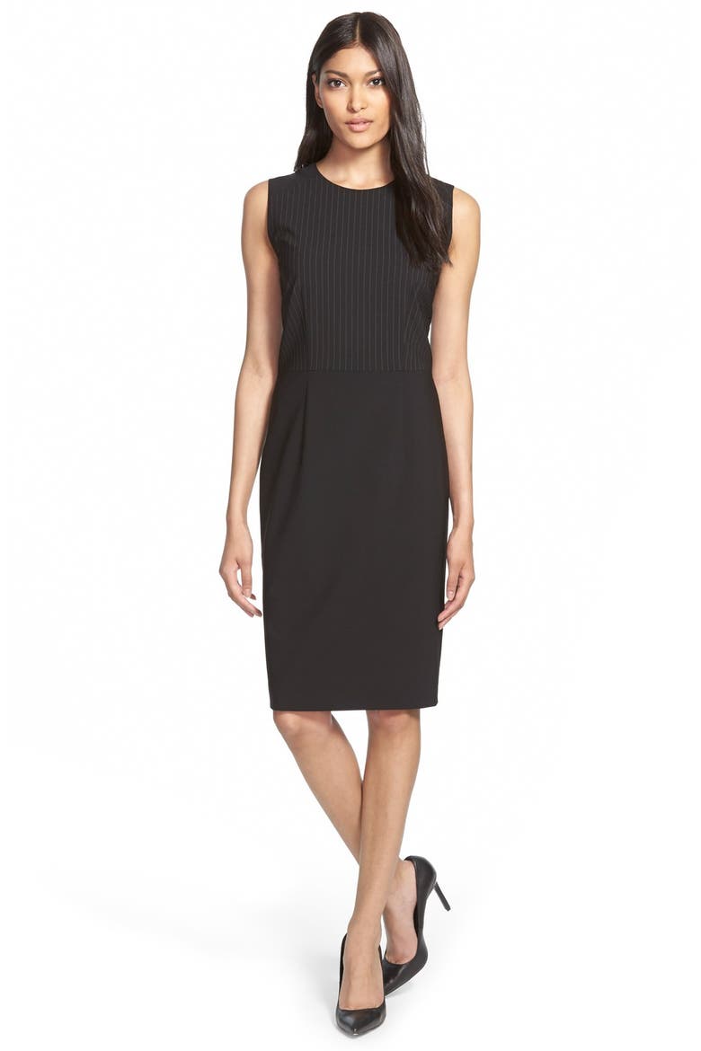 'Dutali' Pinstripe Bodice Stretch Wool Sheath Dress, Main, color, BLACK