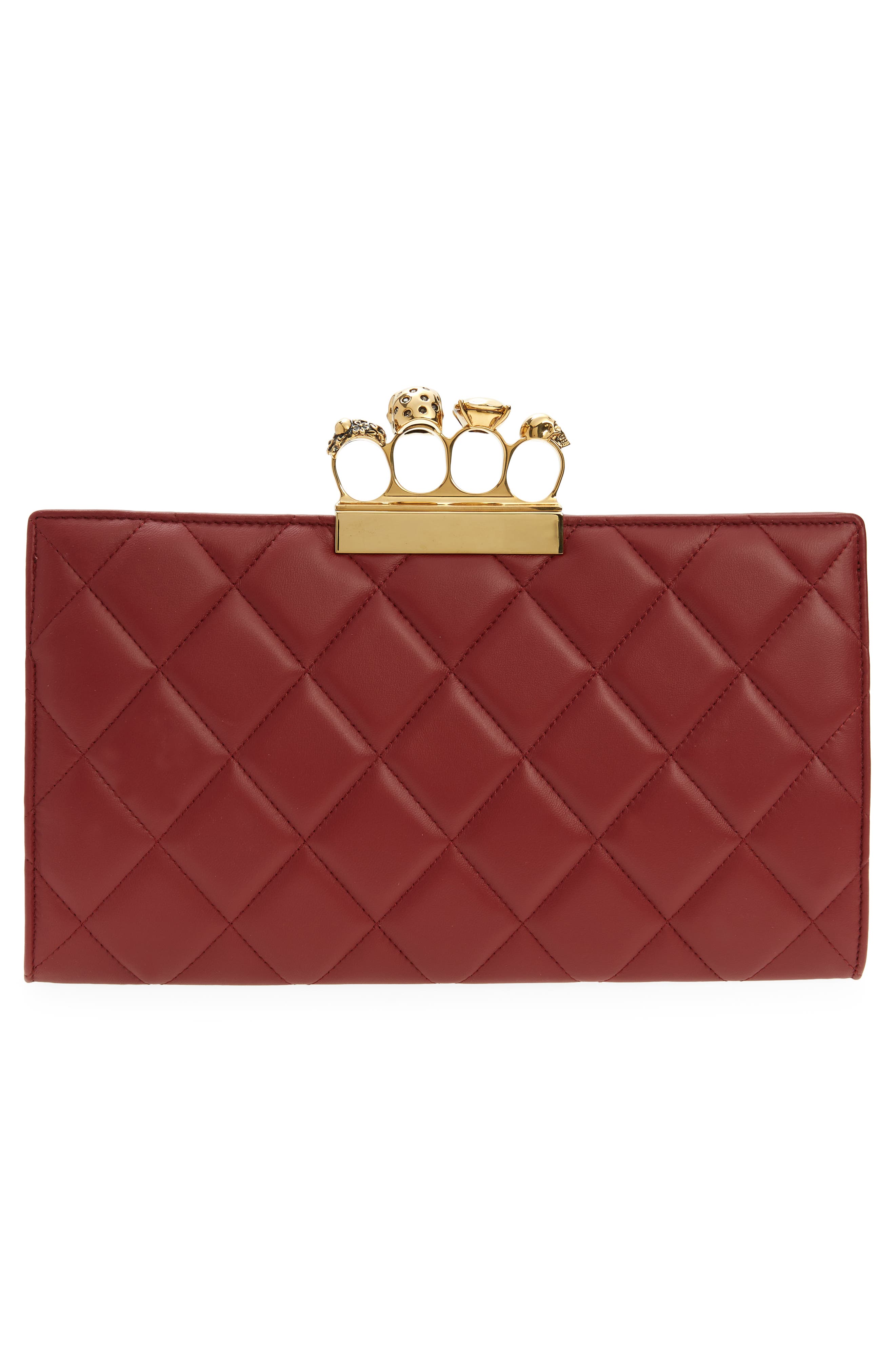 Alexander McQueen Knuckle Ring Quilted Leather Clutch, Alternate, color, OXBLOOD