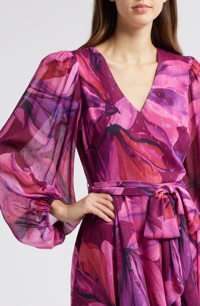 Eliza J Metallic Fleck Floral Long Sleeve High Low Dress, Alternate, color, Berry