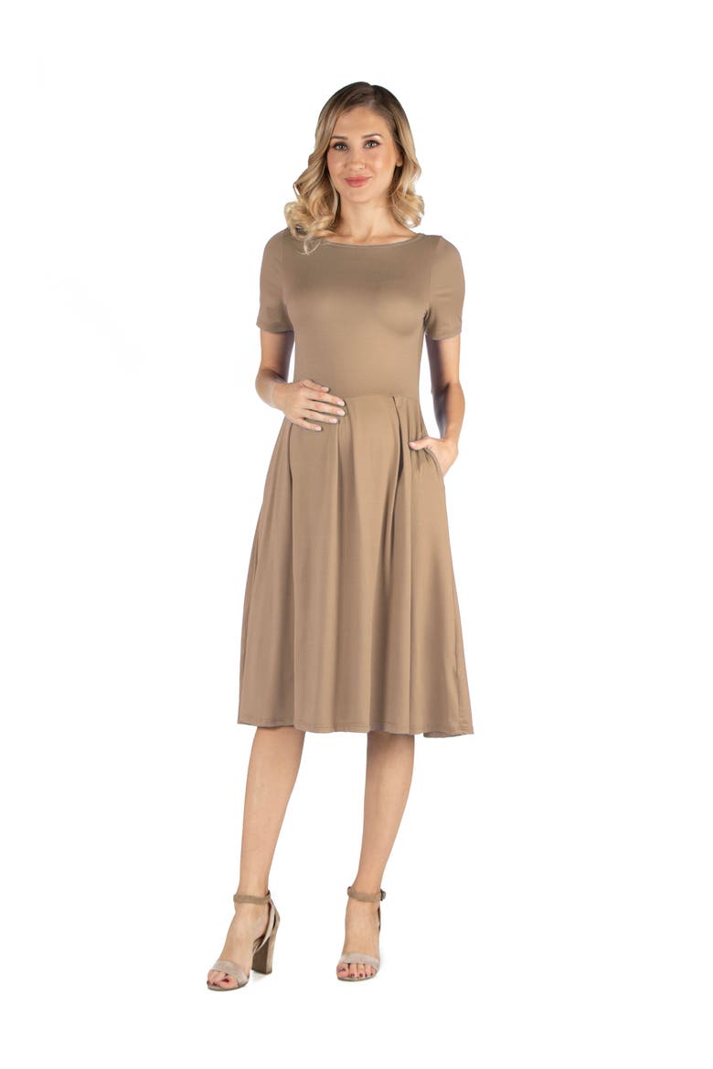 Maternity Midi Dress with Short Sleeve and Pocket Detail, Main, color, Taupe