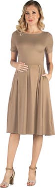 24seven Comfort Apparel Maternity Midi Dress with Short Sleeve and Pocket Detail