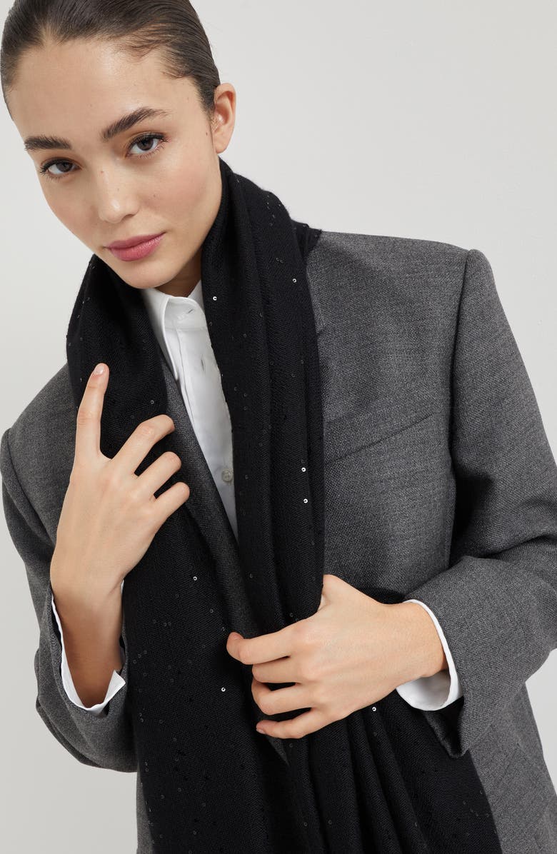 Brunello Cucinelli Cashmere and silk Diamond yarn scarf, Alternate, color, Black