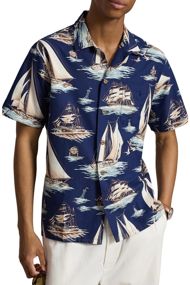 Classic Fit Sailboat Print Oxford Shirt, Main, color, VINTAGE SCHOONERS
