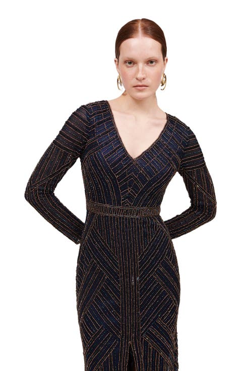 Occasion Embellished Sequin Beaded V Neck With Long Sleeves Evening Maxi Dress