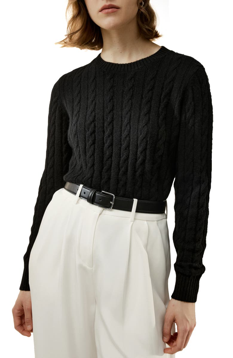 Lilysilk Women's Classic Cable Knit Sweater with Ribbed Edges, Main, color, Black