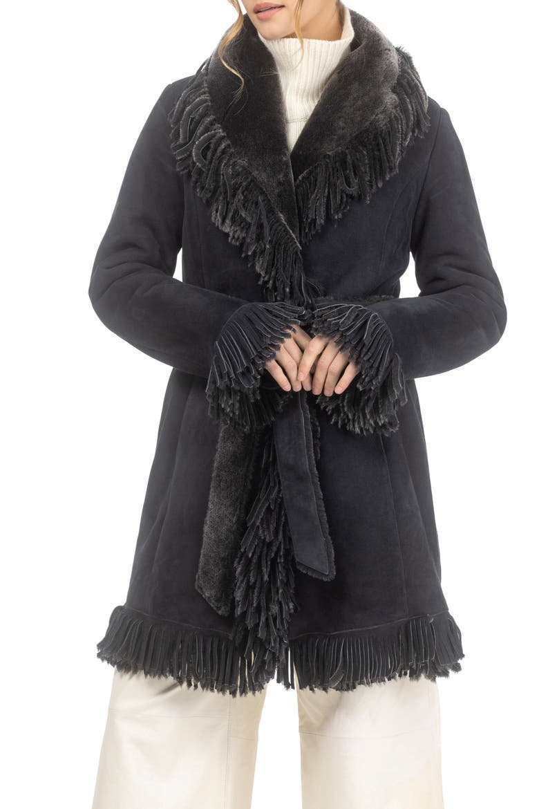Genuine Shearling Stroller with Fringes, Main, color, Black Brisa