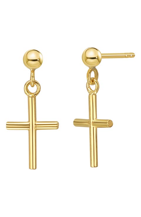 14K Gold Cross Drop Earrings