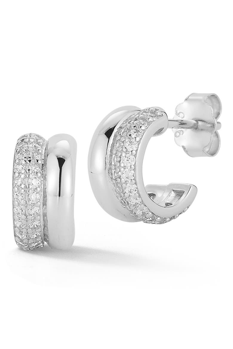 Pavé Cubic Zirconia Double Row Hoop Earrings, Main, color, SILVER