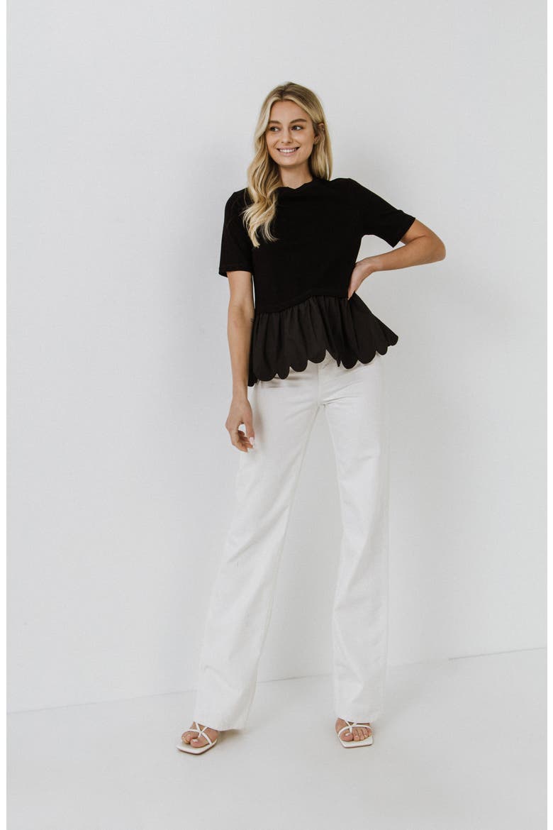 Mixed Media Scallop Peplum Cotton Top, Alternate, color, BLACK