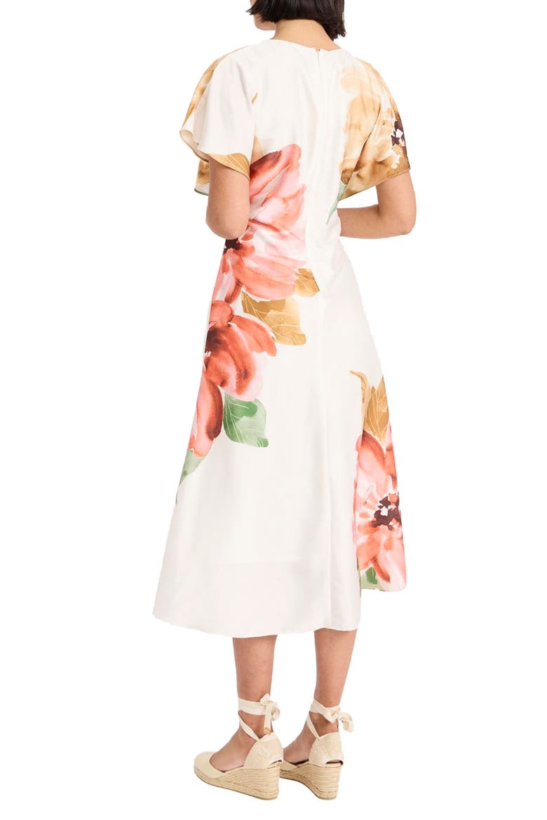 Floral Print Flutter Sleeve Midi Dress, Alternate, color, IVORY/ PERSIMMON