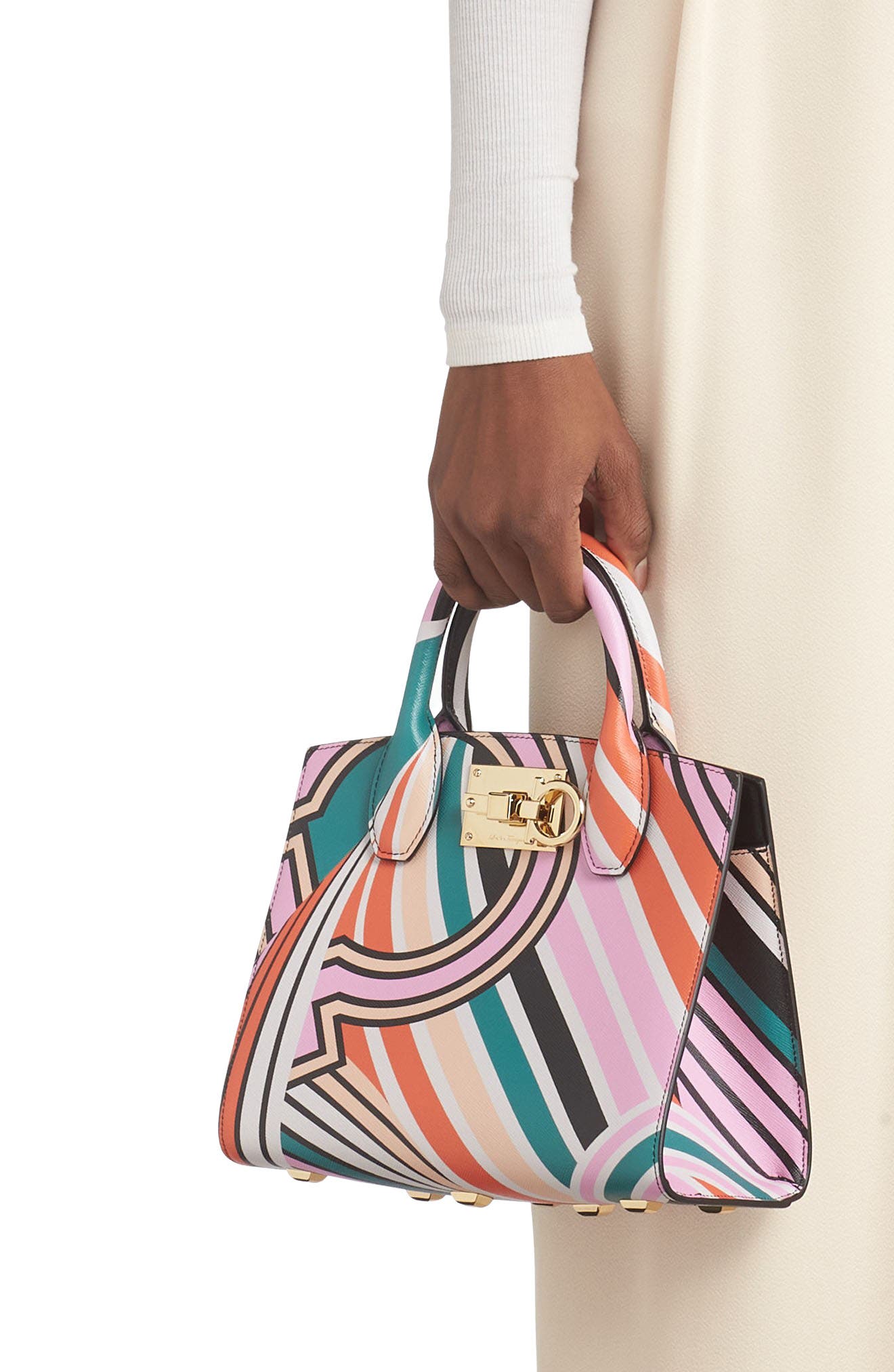 FERRAGAMO The Studio Box Gancio Print Leather Handbag, Alternate, color, 